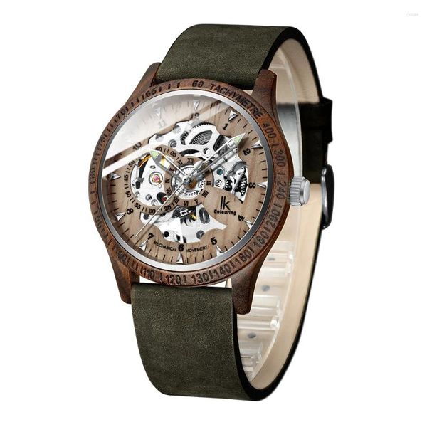 Relojes de pulsera IK Reloj para colorear Moda Casual Relojes de madera Correa de cuero Esqueleto mecánico automático Montre Homme