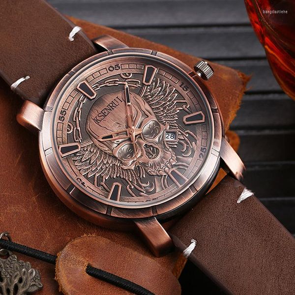 Relojes de pulsera Cráneo industrial Esfera redonda Reloj de cuarzo para hombre Correa de cuero marrón vintage Fecha automática Moda simple Regalos para todos los partidos