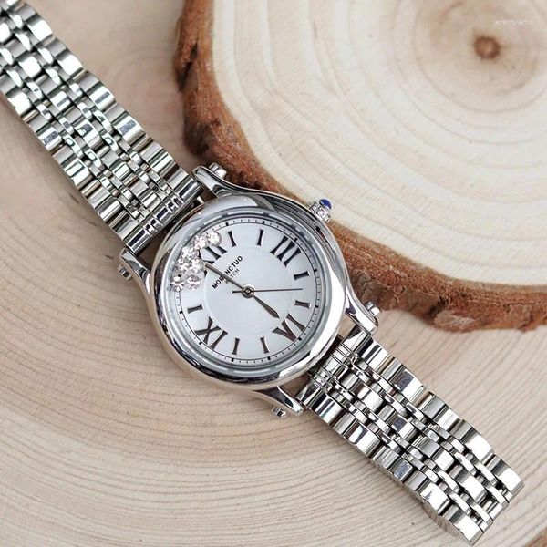 Relojes de pulsera Ins Moda Casual Reloj de cuarzo de acero inoxidable para mujeres con 7 Rolling Rhinestone Roma Dial redondo Temperamento elegante