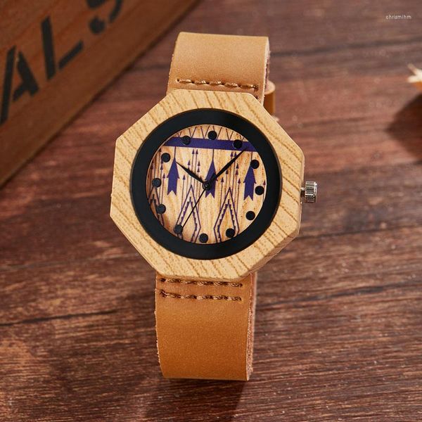 Relojes de pulsera Reloj de madera de polígono irregular Relojes de cebra para mujer Movimiento de madera antiguo hecho a mano Cuarzo como regalo