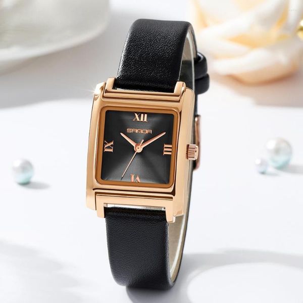 Relojes de pulsera Movimiento de cuarzo japonés Esfera roja Relojes cuadrados romanos Reloj de pulsera de cuero de moda para mujer Oro rosa para mujer 1067