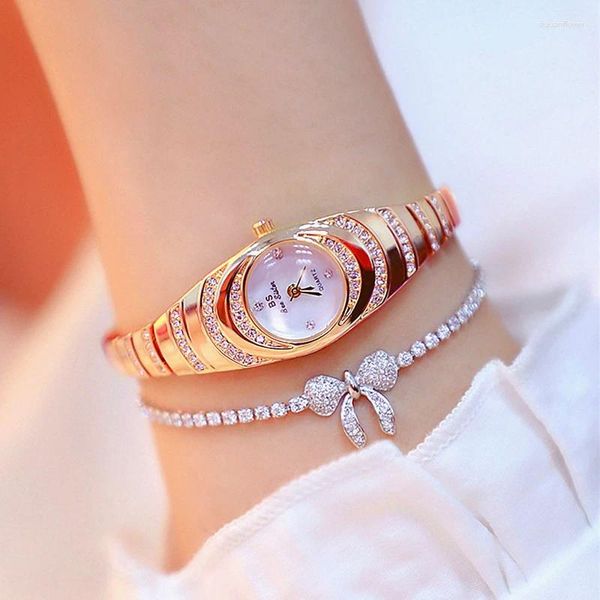 Relojes de pulsera Movimiento japonés Reloj de pulsera para mujer Conjunto elegante Vestido de oro rosa Relojes de pulsera para mujer Diamante para