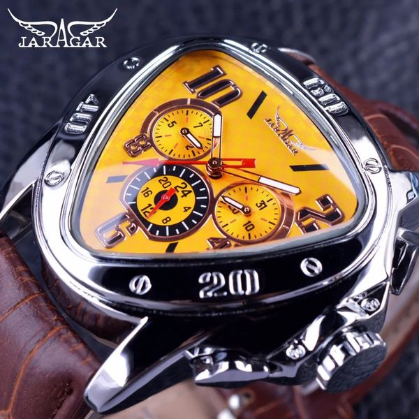 Relojes de pulsera Jaragar Sport Diseño de moda Geométrico Triángulo Caja Correa de cuero marrón 3 Dial Reloj para hombres Top Brand Luxury Reloj automático Reloj 231128