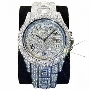 Horloges Sieraden Horloge Mannen Volledige Moissanite Diamant Dag Datum Voor Luxe Zilveren Quartz Horloge Hip Hop Iced Out 22Wf #