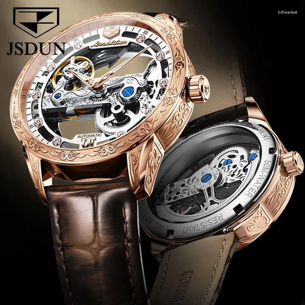 Montre-bracelets Jsdun Brand Fashion Skeleton Automatique Mécanicale pour hommes 30m Strap de cuir personnalisé de luxe imperméable Reloj