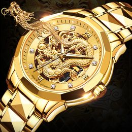 Montres-bracelets JSDUN Montre mécanique pour hommes Luxe Or Diamants Squelette Dragon Tungstène Acier Étanche Lumineux Montre Automatique 230215