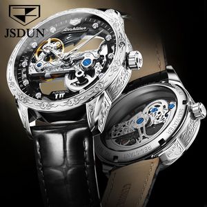 Horloges JSdun See Through Skeleton Hollow Leather Heren Polshorloges Sport Luxe Mechanische Mannelijke Klok Relogio Masculino