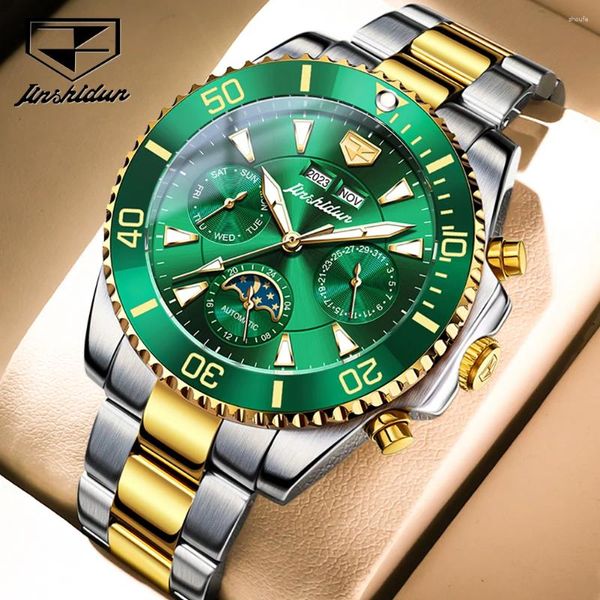 Montres-bracelets JSDUN Top Montre de luxe 40mm Cadran vert Automatique Mécanique Hommes Calendrier Phase de Lune Cadeau étanche