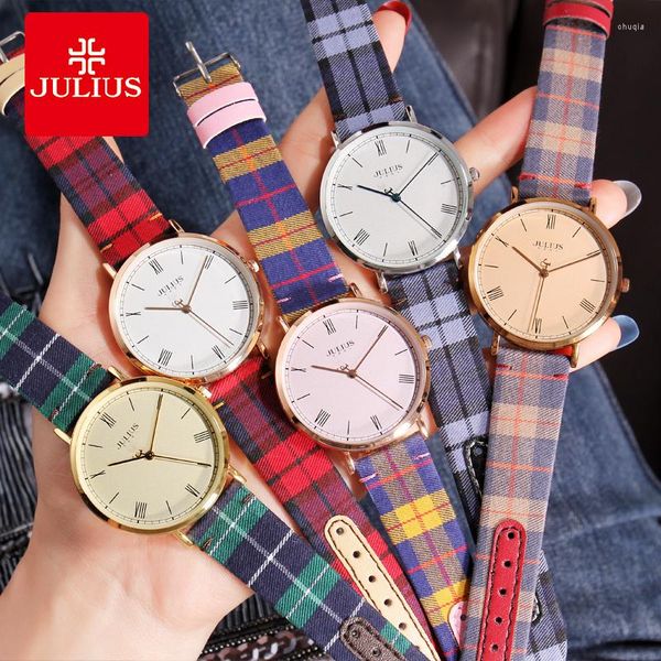 Relojes de pulsera Julius Unisex Reloj de mujer Moda fina Estilo a cuadros británico Horas Vestido Pulsera Cuero Reloj grande Niño Niña Regalo de cumpleaños