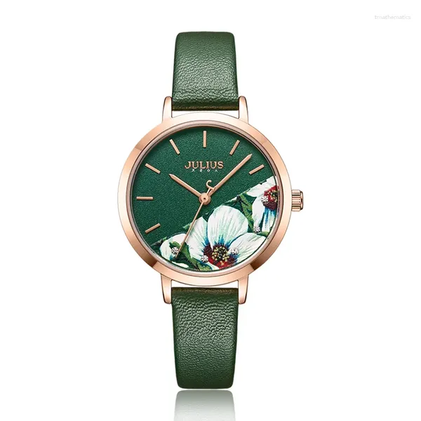 Montres-bracelets Julius Watch Green Fresh Girl Fashion Flower Design Horloge cadeau délicate pour GF avec boîte d'emballage JA-1089