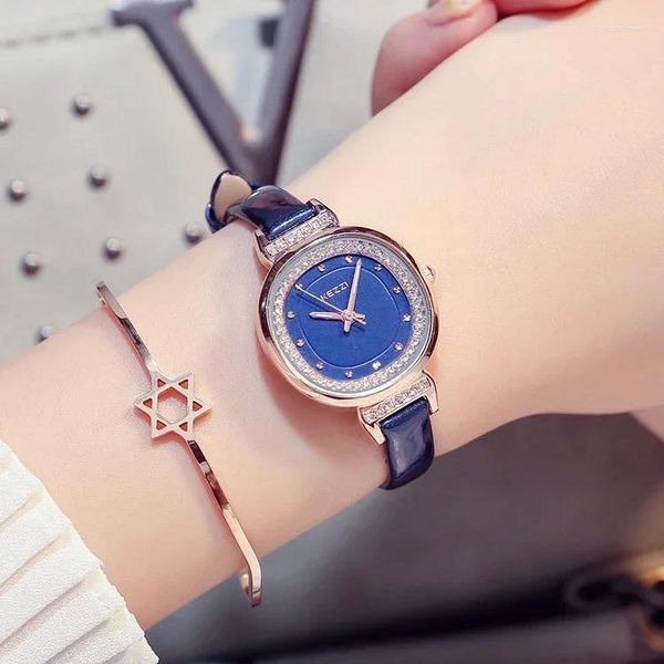 Montres-bracelets Kezzi Luxe Strass Montre Bleu Quartz Montres Mode Étanche En Cuir Femmes Robe Montre-Bracelet Relogio Femino