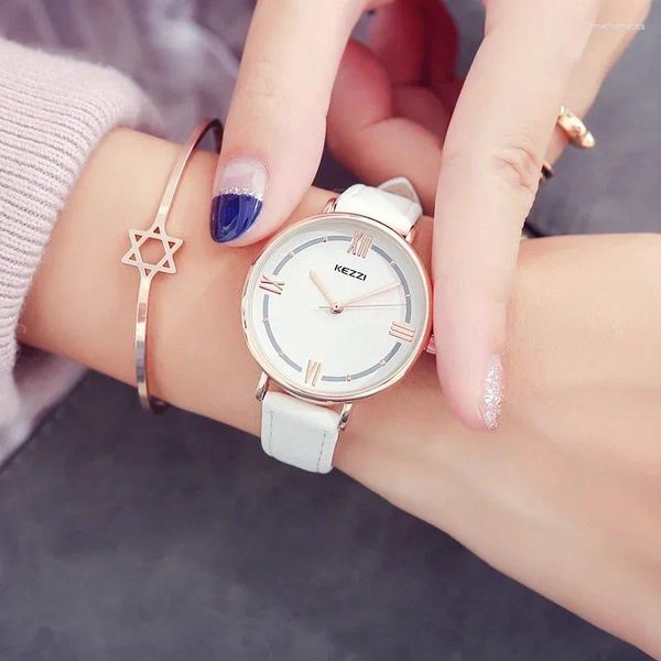 Relojes de pulsera Kezzi Top Brand Relojes para mujer Cuero Mujer Big Dial Reloj de cuarzo Mujer Correa delgada casual