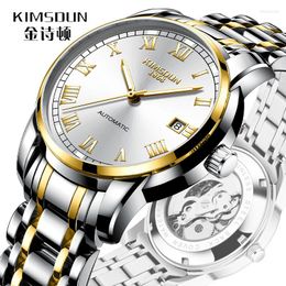 Relojes de pulsera Marca Kimsdun Cinturón de acero refinado Reloj mecánico automático hueco para hombres Negocios a prueba de agua