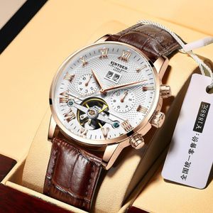 Polshorloges kinyued mannen tourbillon automatisch horloge luxe modemerk lederen mechanische horloges zakelijke klok relojes hombre j012 304b