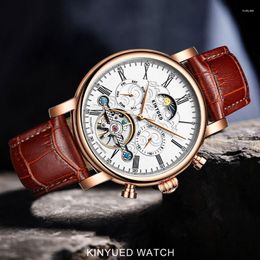 Polshorloges kinyued mannen tourbillon horloges automatisch polshorloge mechanische zakelijke horloge maan fase casual lederen banden waterdichte klok