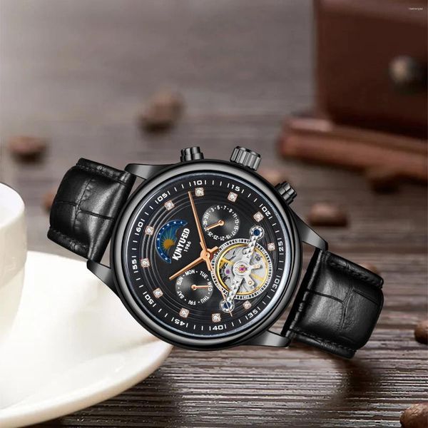 Montres-bracelets Kinyued a publié des montres mécaniques pour hommes de diamant pour la phase de lune lumineuse montre date semaine mois affichage horloge classique