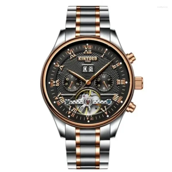 Relojes de pulsera KINYUED esqueleto reloj automático hombres impermeable Flying Tourbillon relojes mecánicos para hombre relojes de cuerda automática Mannen Dropship