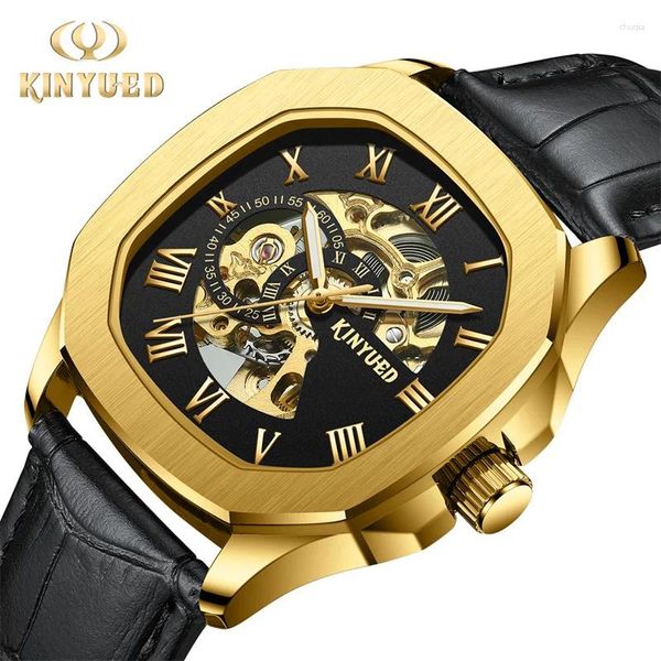 Montre-bracelets Kinyued Top Brand Black Gold Watches Squelette en cuir squelette Cadeau masculin Automatique Mécanique Sports Watch Relogie Masculino