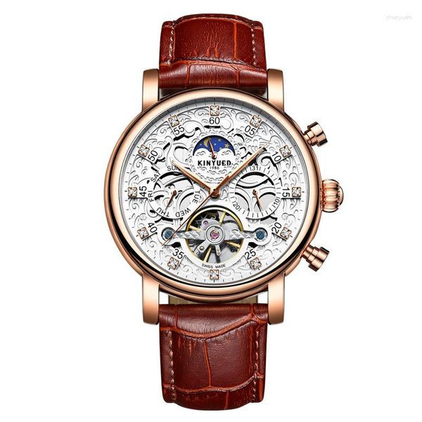Montre-bracelets Kinyued Tourbillon Squelette montres Men Mécanique automatique de bracelet Automatique 3ATM Watch Watch Moon Phase Reloj Hombre