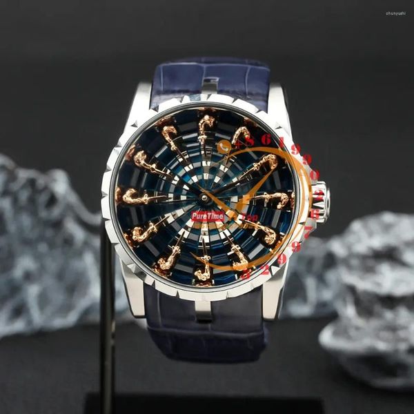 Relojes de pulsera Caballeros de la mesa redonda Damasco Reloj automático para hombre Caja de acero Caja de acero Gema azul Dial Cuero Puretime 2023 Marca superior de lujo