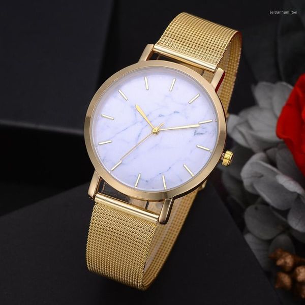 Relojes de pulsera de punto o de ganchillo para mujer, pulsera de cuarzo con mármol plateado y dorado, reloj de pulsera informal creativo 2022