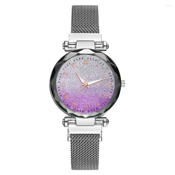 Relojes de pulsera coreanos para mujer, reloj de pulsera magnético de lujo de aleación de plata, cinturón de malla Milano, puntero luminoso de cielo estrellado, cuarzo para mujer