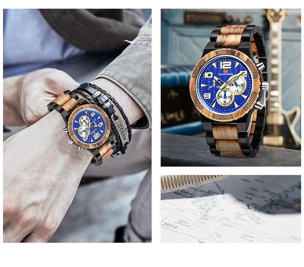 Montres-bracelets KUNHUANG Relogio Masculino bois horloge homme montre en bois Quartz chronographe hommes Sport luxe affaires montre-bracelet