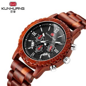 Montre-bracelettes kunhuang en bois quartz masculin chronographe luxe business wood mâle bracelet big montres manne