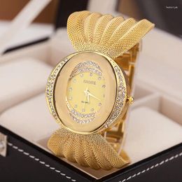 Relojes de pulsera Reloj de moda para mujer Joyería Oval Banda ancha Correa de malla dorada y plateada