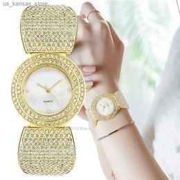 Montre-bracelets pourdies Full Star Diamond Hot Marque Double Row Crystal Quartz Es Bracelet Glitter avec sangle en acier inoxydable 240409