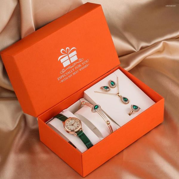 Relojes de pulsera para mujer, reloj verde, conjunto de joyería con caja de cuero de cuarzo para mujer, collar de esmeralda, anillo, regalos de cumpleaños para esposa e hijas