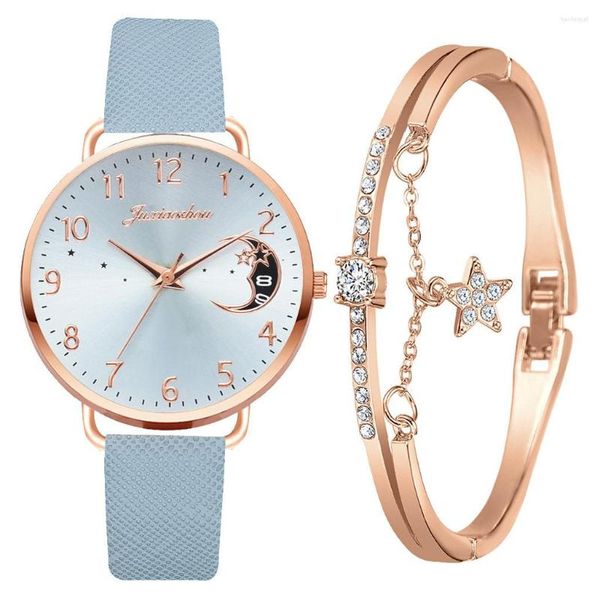 Relojes de pulsera para Mujer, reloj de lujo en oferta, conjunto de cuarzo, Pu con patrón de luna, esfera, Relojes Para Mujer