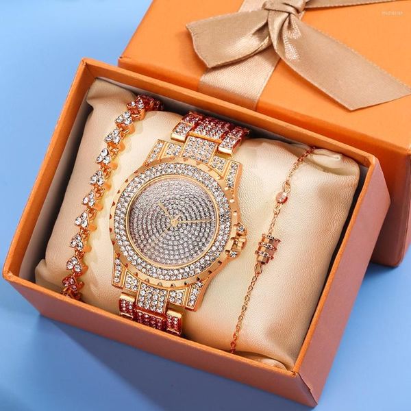 Relojes de pulsera para mujer, conjunto de reloj con tachuelas de diamantes de imitación rosa, pulsera, relojes de cuarzo para mujer con pulseras de diamantes de imitación, regalo a mano