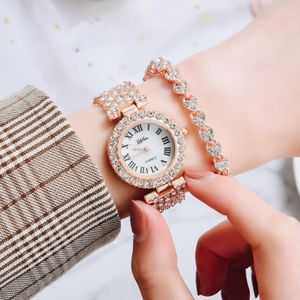 Polshorloges dames kwarts horloge strass armband combinatie set temperament elegant rosé goud relojeswristwatches 2245