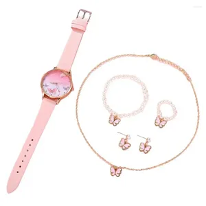 Montres-bracelets Lady anniversaire cadeau bijoux femmes pendentif papillon ensemble avec collier de fausses perles montre à bracelet réglable pour
