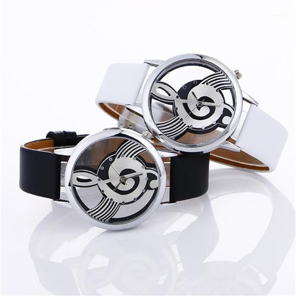 Montres-bracelets Lady Womans Montres-bracelets Simple Gravure décontractée Creux Élégant Note de musique Bracelet en cuir peint Montres12362