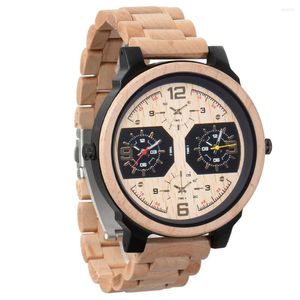 Montres-bracelets grand cadran double fuseau horaire montre en bois militaire hommes lumineux Quartz mode plein bois horloge Reloj De Madera