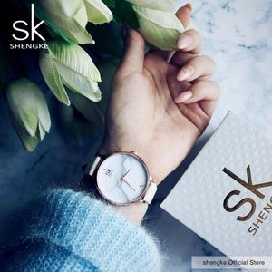 Relojes de pulsera de cuero Shengke, relojes de marca superior, reloj de cuarzo para mujer a la moda, correa informal fina para mujer, esfera de mármol SK