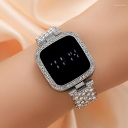 Relojes de pulsera Reloj digital con luz LED para mujer Reloj de pulsera de aleación cuadrado inteligente con diamantes elegantes Reloj de pulsera para mujer Relojes electrónicos