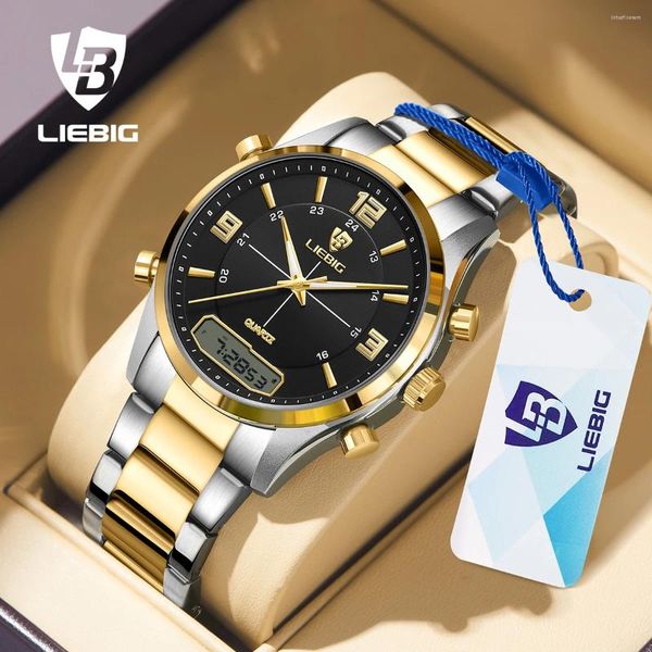 Montre-bracelets Liebig Fashion Casual Watch Men Dual Dual Time Week Gold Back Light Sport 3BAR ARRÉPRÉPROPHER QUARTZ REGOGIO