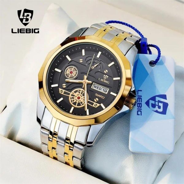 Mujeres de pulsera Liebig Watch for Men Quartz Movement Golden Top Strap de acero inoxidable Date Semana del reloj de pulsera Relogio Masculino