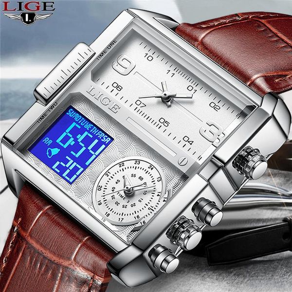 Montres-bracelets LIGE 2021 Top hommes montres carré numérique sport Quartz montre-bracelet pour hommes étanche chronomètre Relogio Masculino