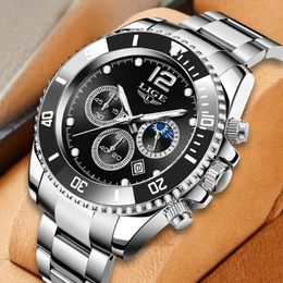 Relojes de pulsera LIGE 2023 Moda Hombres Reloj Calendario Acero inoxidable Top Deportes Cronógrafo Cuarzo Relogio Masculino Caja