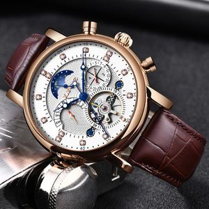 Polshorloges Lige 2023 Mechanisch horloge Men Business topmerk Leather Crystal Diamond Originele Tourbillon Hollow Movement horloges