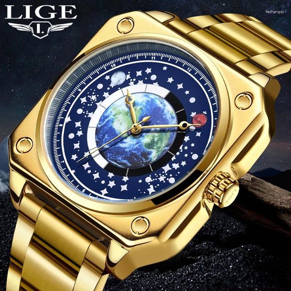 Mujeres de pulsera Lige 2024 Gold Watch for Men Fashion Military Quartz Chronograph Relojes casuales de cuadrado impermeable Montre Homme Box