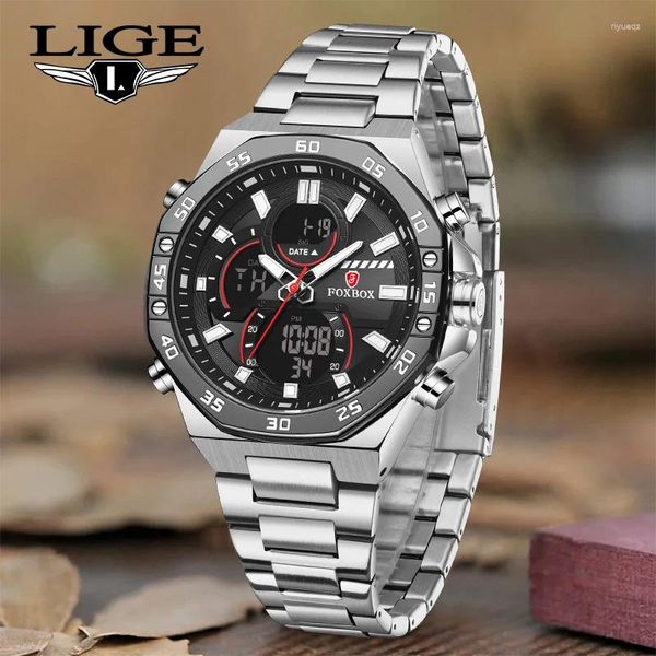 Muñecos de pulsera Lige Alarm Men reloj de 3 bares impermeables acero inoxidable Relogio Masculino Mantenerse dual relojes para hombres de moda digital