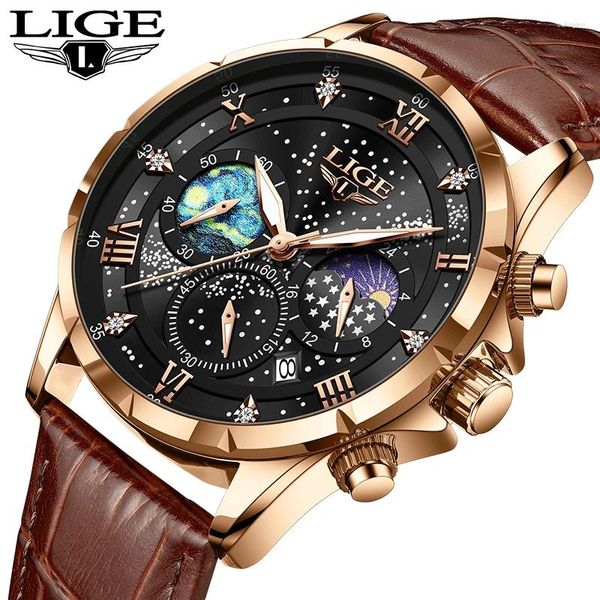 Montre-bracelettes Lige Sport décontracté Man Watch Luxury Imperproofing Date Luminent Montres Men Chronograph Wristwatch Horloge en cuir quartz masculin