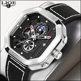 Montre-bracelets Lige Casual Sport Watches for Men Date Date Quartz Luxury Military Leather Strap Man Wrist Wist Corloge de mode Chronographe
