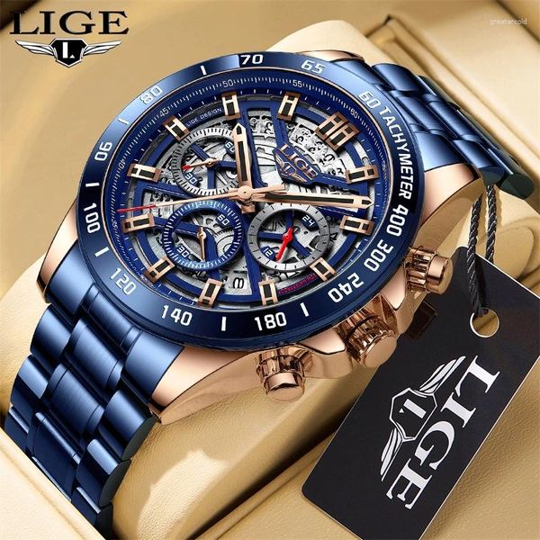 Montre-bracelettes Lige Chronograph Fashion Menles décontractées Regardez les meilleures marque Big Dial Calendrier en acier inoxydable Quartz Wristwatch Man Classic Mâle