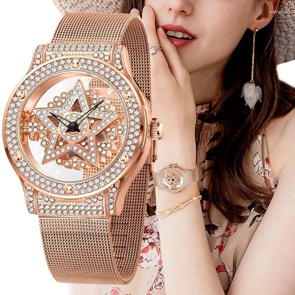 Mujeres de pulsera Lige Diamond Women Watches Gold Gold Watch Damas impermeables Creative Creative Hollow Clock Mujer Pulsera Relogio Feminino